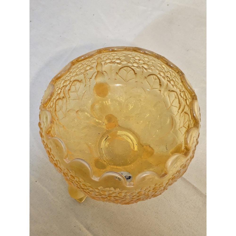 Fenton Yellow‎ Satin Glass Three Footed Bowl Scalloped Floral Embossed Art Glass
